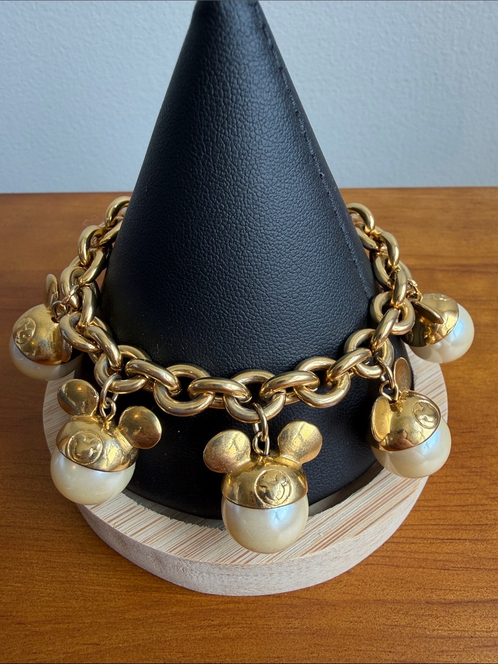 Rare Vintage Disney Couture Mickey Mouse Ears Gold and Pearl Charm Bracelet